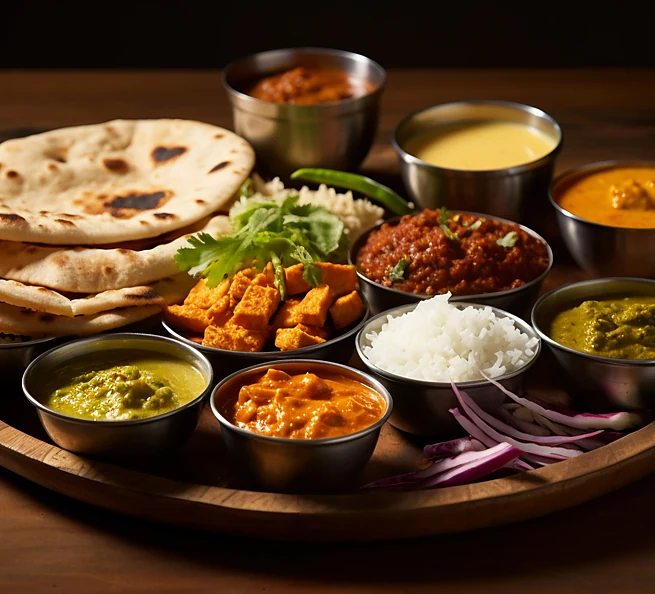 Indian thali with curries, rice and flatbread