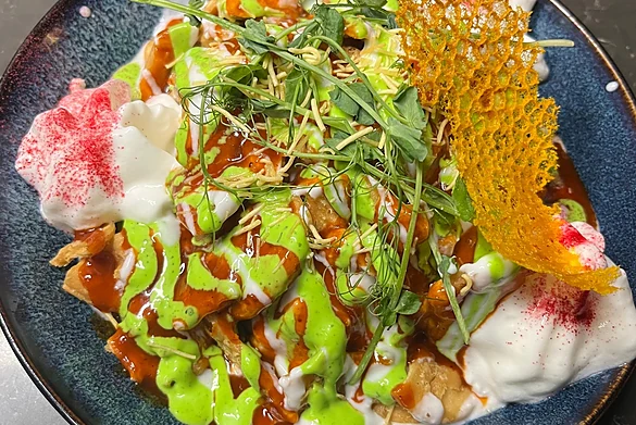 Papri chaat with yogurt and chutneys