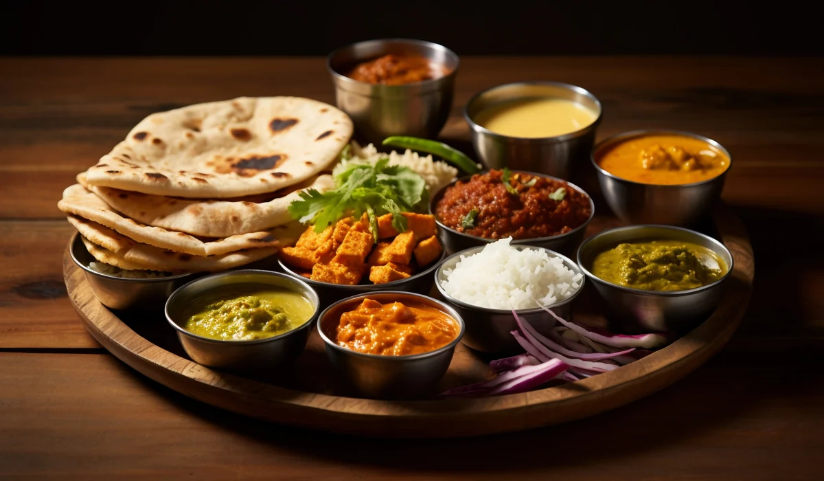 Indian thali with curries, rice and flatbread